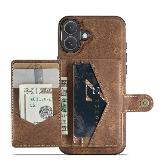 For iPhone 16 Plus Case JEEHOOD J01 Retro Leather + TPU Phone Cover Detachable Magnetic Card Holder - Brown