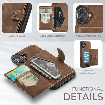 For iPhone 16 Plus Case JEEHOOD J01 Retro Leather + TPU Phone Cover Detachable Magnetic Card Holder