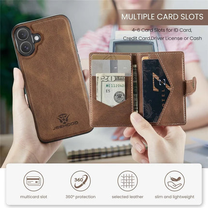 For iPhone 16 Plus Case JEEHOOD J01 Retro Leather + TPU Phone Cover Detachable Magnetic Card Holder