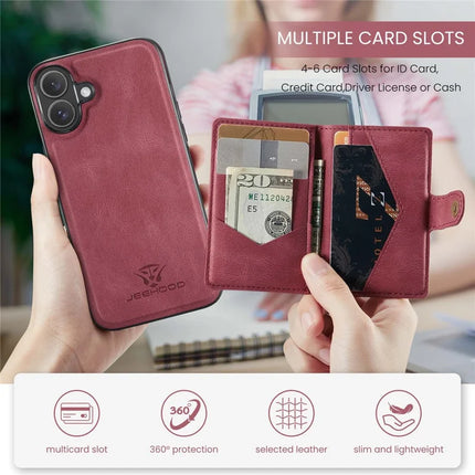 For iPhone 16 Plus Case JEEHOOD J01 Retro Leather + TPU Phone Cover Detachable Magnetic Card Holder