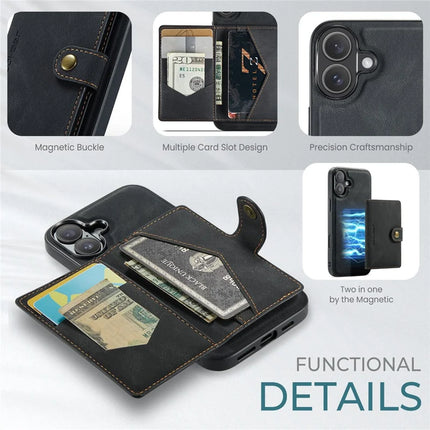 For iPhone 16 Plus Case JEEHOOD J01 Retro Leather + TPU Phone Cover Detachable Magnetic Card Holder