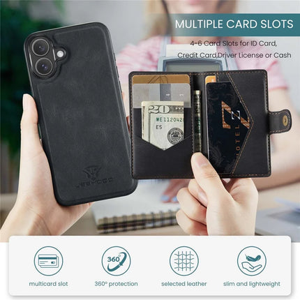 For iPhone 16 Plus Case JEEHOOD J01 Retro Leather + TPU Phone Cover Detachable Magnetic Card Holder