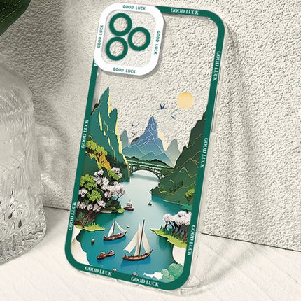 For iPhone 16 Pro Case Aesthetic Oil Painting Landscape Clear TPU Phone Cover