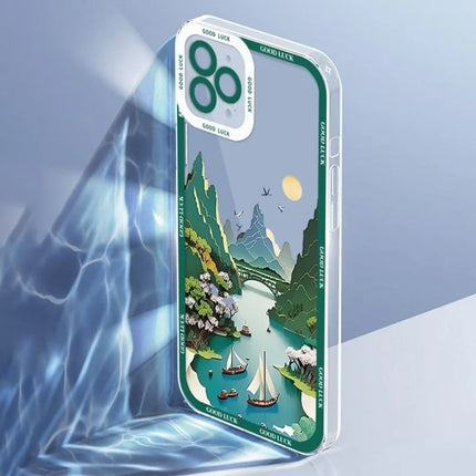 For iPhone 16 Pro Max Case Aesthetic Oil Painting Landscape Clear TPU Phone Cover