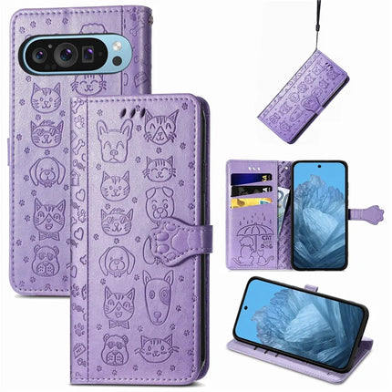 For Google Pixel 9 / Pixel 9 Pro Case Leather Wallet Flip Phone Cover Cute Cat Dog Pattern