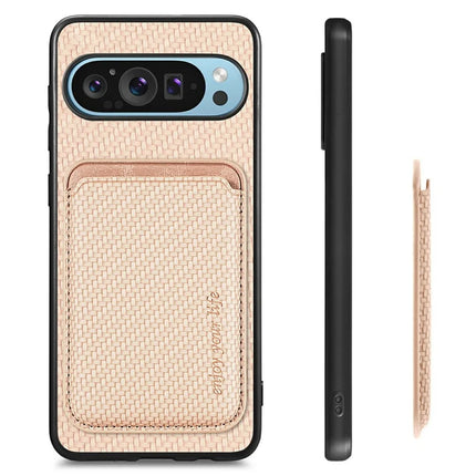 For Google Pixel 9 / Pixel 9 Pro Case Carbon Fiber Leather Back Cover with Detachable Card Bag