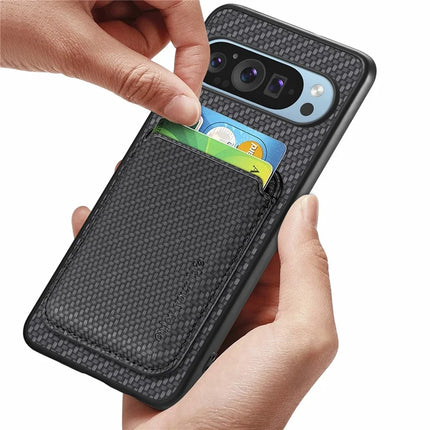 For Google Pixel 9 / Pixel 9 Pro Case Carbon Fiber Leather Back Cover with Detachable Card Bag