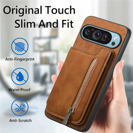 For Google Pixel 9 / Pixel 9 Pro Case Magnetic Detachable Zipper Card Holder Leather+TPU Phone Cover