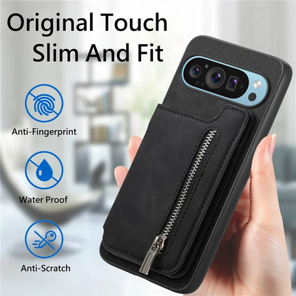 For Google Pixel 9 / Pixel 9 Pro Case Magnetic Detachable Zipper Card Holder Leather+TPU Phone Cover