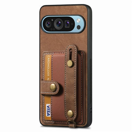 For Google Pixel 9 / Pixel 9 Pro Case Wristband Kickstand PU Leather Retro Back Cover Card Holder
