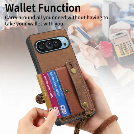 For Google Pixel 9 / Pixel 9 Pro Case Wristband Kickstand PU Leather Retro Back Cover Card Holder