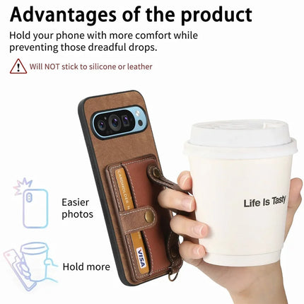 For Google Pixel 9 / Pixel 9 Pro Case Wristband Kickstand PU Leather Retro Back Cover Card Holder