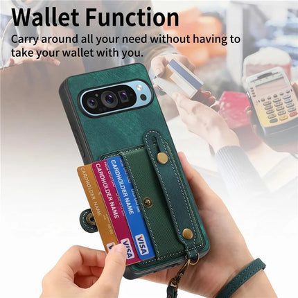 For Google Pixel 9 / Pixel 9 Pro Case Wristband Kickstand PU Leather Retro Back Cover Card Holder