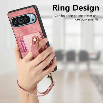 For Google Pixel 9 / Pixel 9 Pro Case Wristband Kickstand PU Leather Retro Back Cover Card Holder