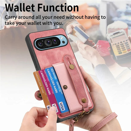 For Google Pixel 9 / Pixel 9 Pro Case Wristband Kickstand PU Leather Retro Back Cover Card Holder
