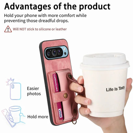 For Google Pixel 9 / Pixel 9 Pro Case Wristband Kickstand PU Leather Retro Back Cover Card Holder