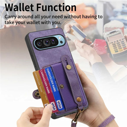 For Google Pixel 9 / Pixel 9 Pro Case Wristband Kickstand PU Leather Retro Back Cover Card Holder
