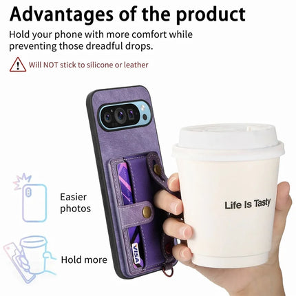 For Google Pixel 9 / Pixel 9 Pro Case Wristband Kickstand PU Leather Retro Back Cover Card Holder