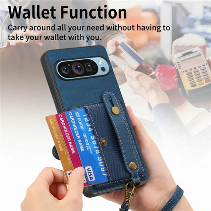 For Google Pixel 9 / Pixel 9 Pro Case Wristband Kickstand PU Leather Retro Back Cover Card Holder