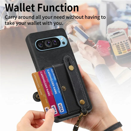 For Google Pixel 9 / Pixel 9 Pro Case Wristband Kickstand PU Leather Retro Back Cover Card Holder