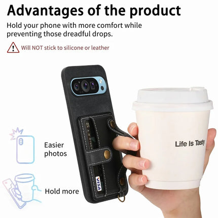 For Google Pixel 9 / Pixel 9 Pro Case Wristband Kickstand PU Leather Retro Back Cover Card Holder