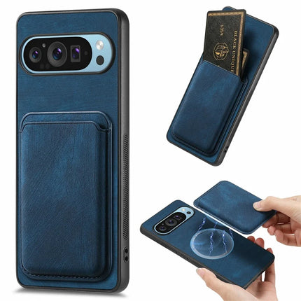 For Google Pixel 9 / Pixel 9 Pro Case Leather+TPU Retro Phone Cover with Detachable Card Slot - Blue