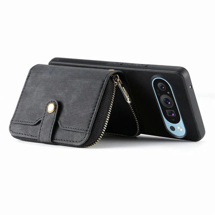 For Google Pixel 9 / Pixel 9 Pro Case Zipper Card Holder PU Leather Phone Back Cover with Long Strap