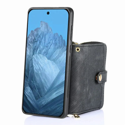 For Google Pixel 9 / Pixel 9 Pro Case Zipper Card Holder PU Leather Phone Back Cover with Long Strap