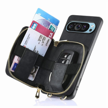 For Google Pixel 9 / Pixel 9 Pro Case Zipper Card Holder PU Leather Phone Back Cover with Long Strap