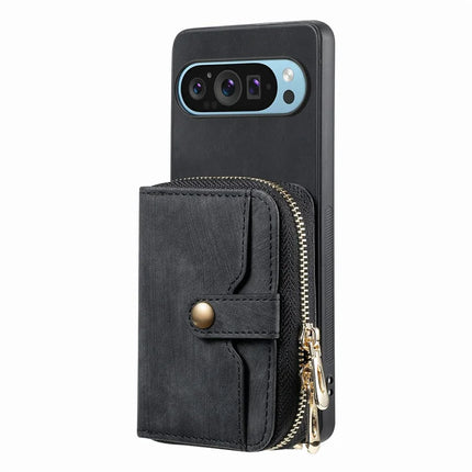 For Google Pixel 9 / Pixel 9 Pro Case Zipper Card Holder PU Leather Phone Back Cover with Long Strap