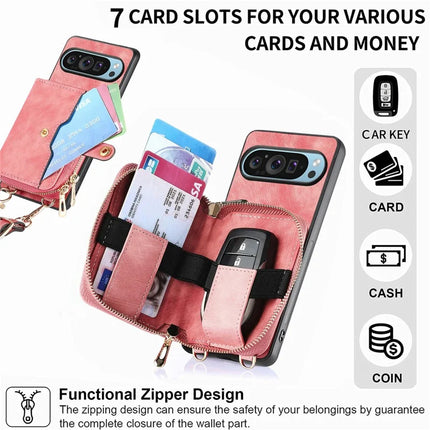 For Google Pixel 9 / Pixel 9 Pro Case Zipper Card Holder PU Leather Phone Back Cover with Long Strap