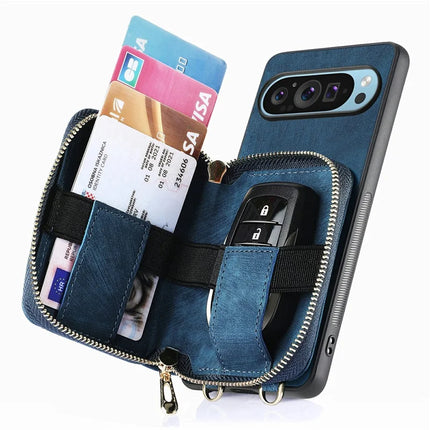 For Google Pixel 9 / Pixel 9 Pro Case Zipper Card Holder PU Leather Phone Back Cover with Long Strap