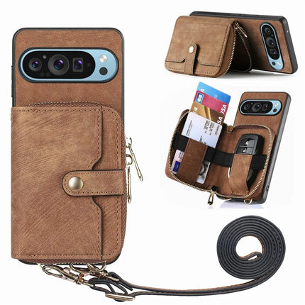 For Google Pixel 9 / Pixel 9 Pro Case Zipper Card Holder PU Leather Phone Back Cover with Long Strap - Brown