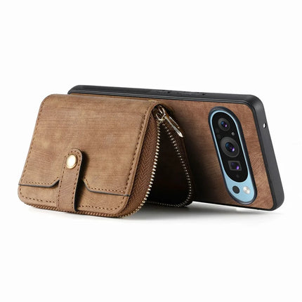 For Google Pixel 9 / Pixel 9 Pro Case Zipper Card Holder PU Leather Phone Back Cover with Long Strap