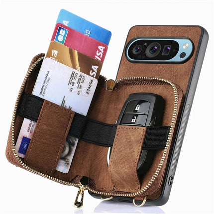 For Google Pixel 9 / Pixel 9 Pro Case Zipper Card Holder PU Leather Phone Back Cover with Long Strap