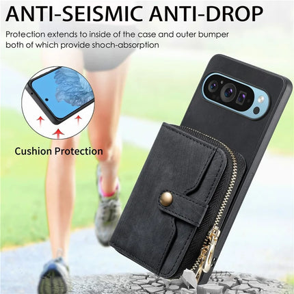 For Google Pixel 9 / Pixel 9 Pro Case Zipper Card Holder PU Leather Phone Back Cover with Long Strap
