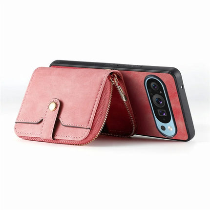 For Google Pixel 9 / Pixel 9 Pro Case Zipper Card Holder PU Leather Phone Back Cover with Long Strap