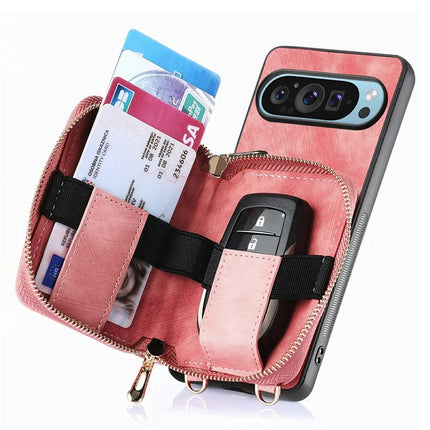 For Google Pixel 9 / Pixel 9 Pro Case Zipper Card Holder PU Leather Phone Back Cover with Long Strap