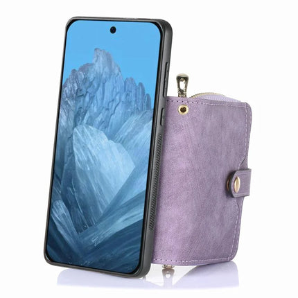 For Google Pixel 9 / Pixel 9 Pro Case Zipper Card Holder PU Leather Phone Back Cover with Long Strap