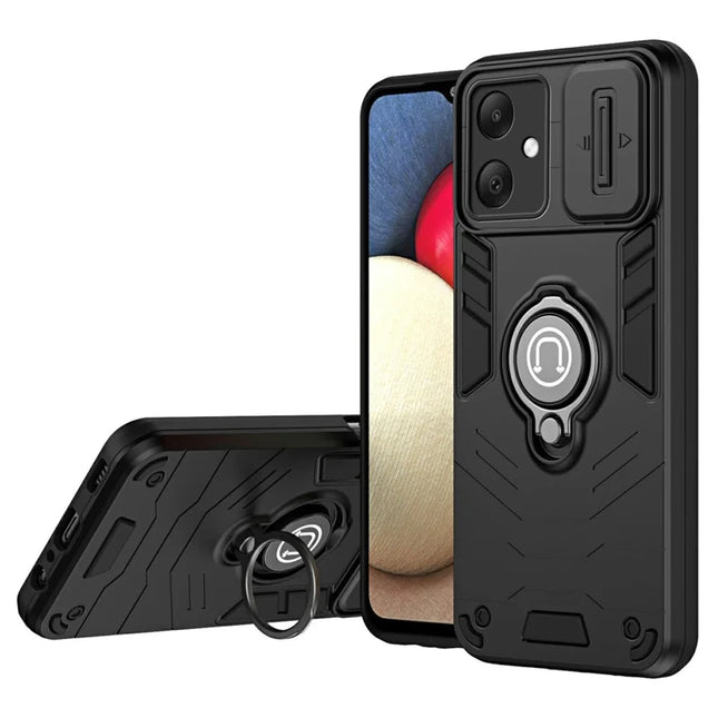 For Samsung Galaxy A06 Case Slide Camshield Kickstand PC+TPU Phone Cover - Black
