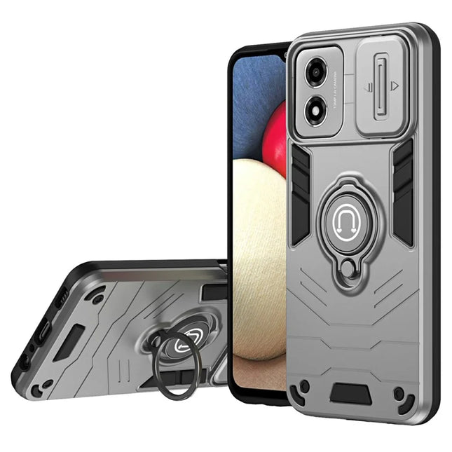 For Motorola Moto E14 4G Case Slide Camshield Kickstand PC+TPU Phone Cover - Grey