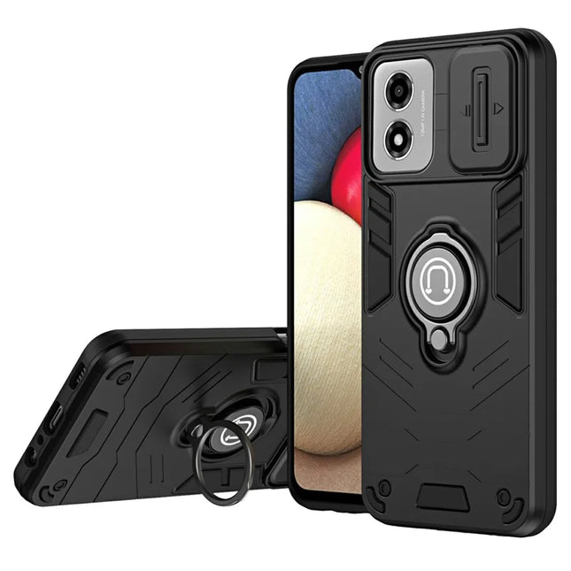 For Motorola Moto E14 4G Case Slide Camshield Kickstand PC+TPU Phone Cover - Black