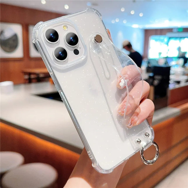 For iPhone 16 Pro Max Case Reinforced Corners Wristband Glitter TPU Phone Cover - Transparent
