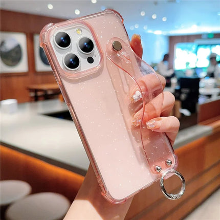 For iPhone 16 Pro Max Case Reinforced Corners Wristband Glitter TPU Phone Cover - Pink