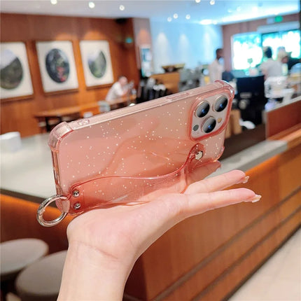 For iPhone 16 Pro Max Case Reinforced Corners Wristband Glitter TPU Phone Cover