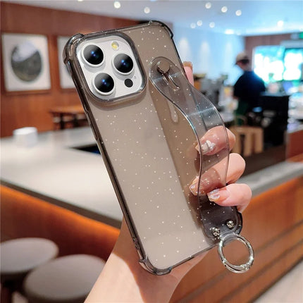 For iPhone 16 Pro Max Case Reinforced Corners Wristband Glitter TPU Phone Cover - Black