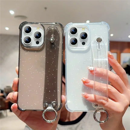 For iPhone 16 Pro Max Case Reinforced Corners Wristband Glitter TPU Phone Cover