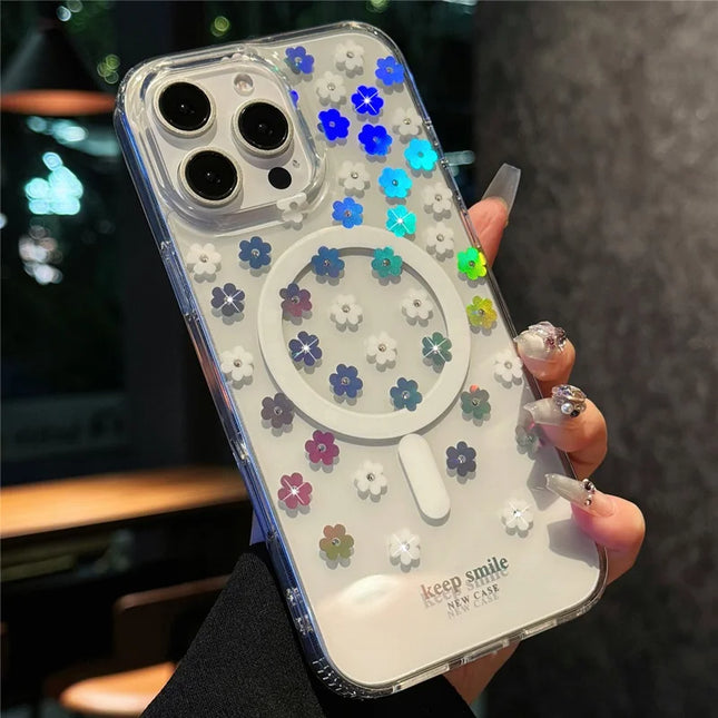 For iPhone 16 Pro Max Case Compatible with MagSafe Laser Flower PC+TPU Clear Phone Cover - Cream Flowers