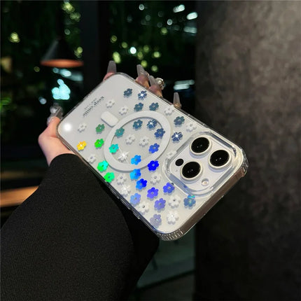 For iPhone 16 Pro Max Case Compatible with MagSafe Laser Flower PC+TPU Clear Phone Cover