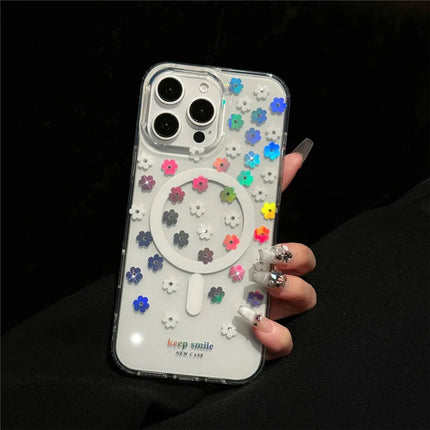 For iPhone 16 Pro Max Case Compatible with MagSafe Laser Flower PC+TPU Clear Phone Cover